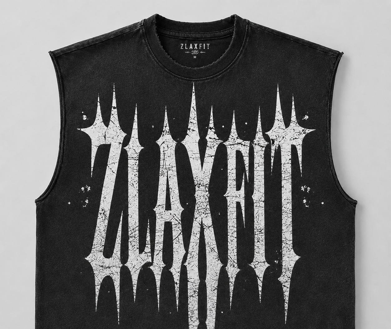 Sleeveless fitness tank with acid wash finish by Zlaxfit