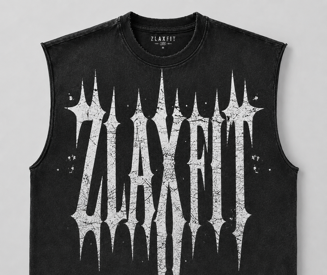 Sleeveless fitness tank with acid wash finish by Zlaxfit