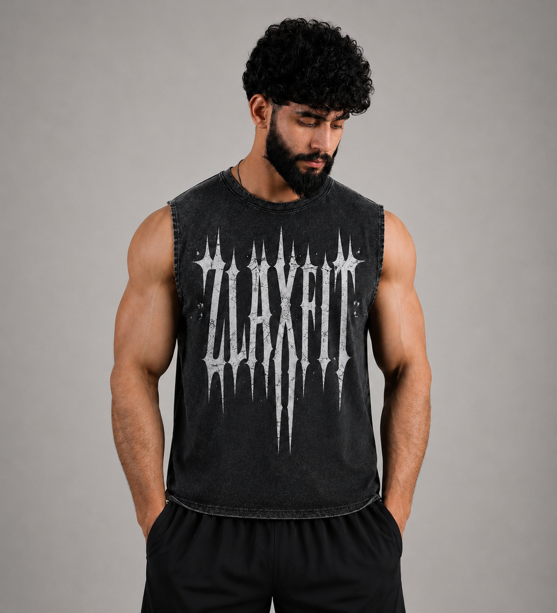 Men’s sleeveless acid wash gym tank by Zlaxfit