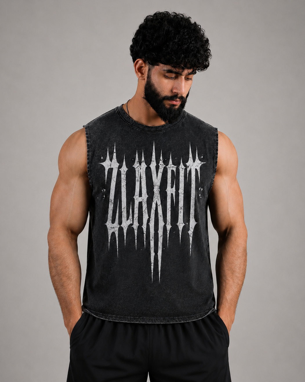 Men’s sleeveless acid wash gym tank by Zlaxfit