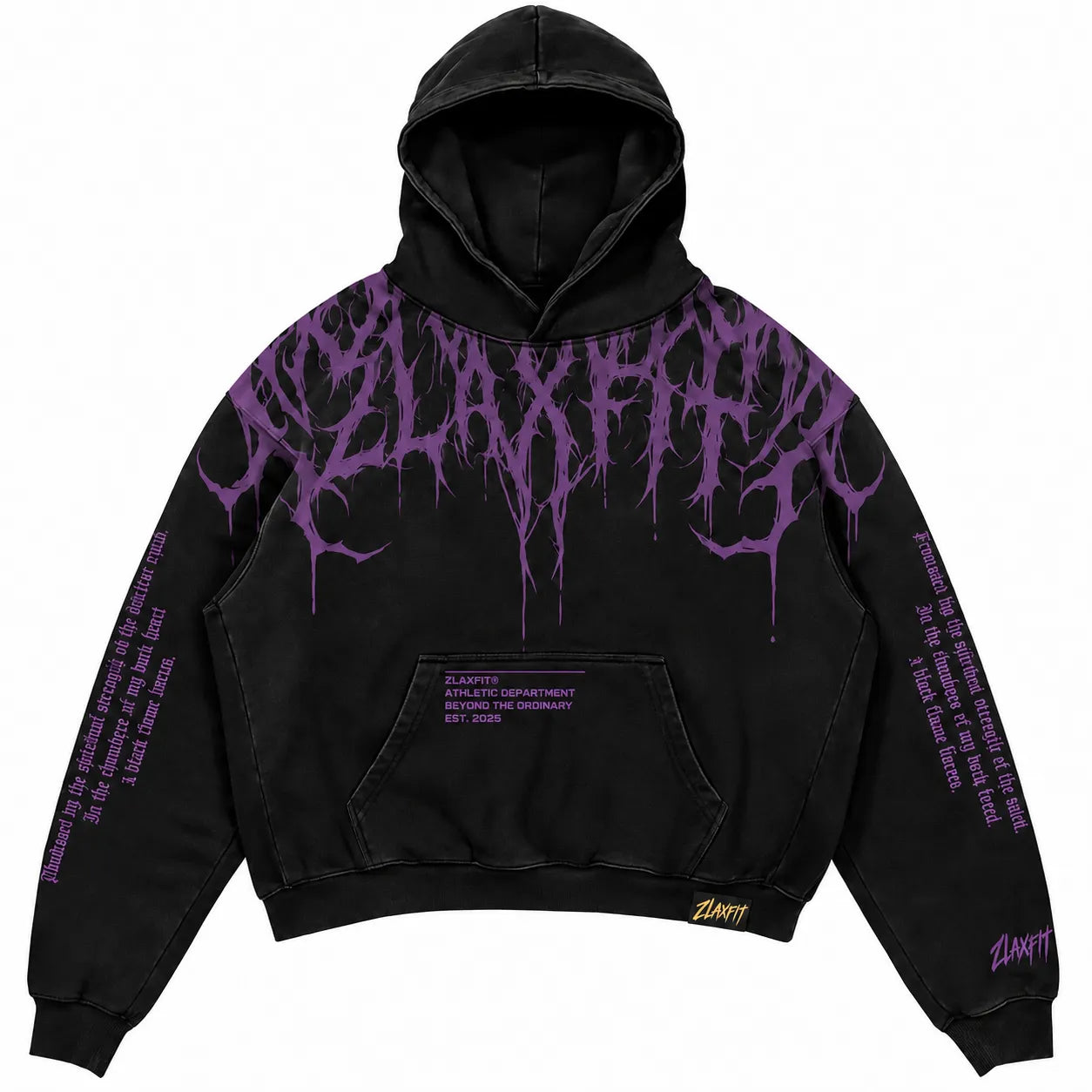 Purple chest graphic on the black Darkborn hoodie