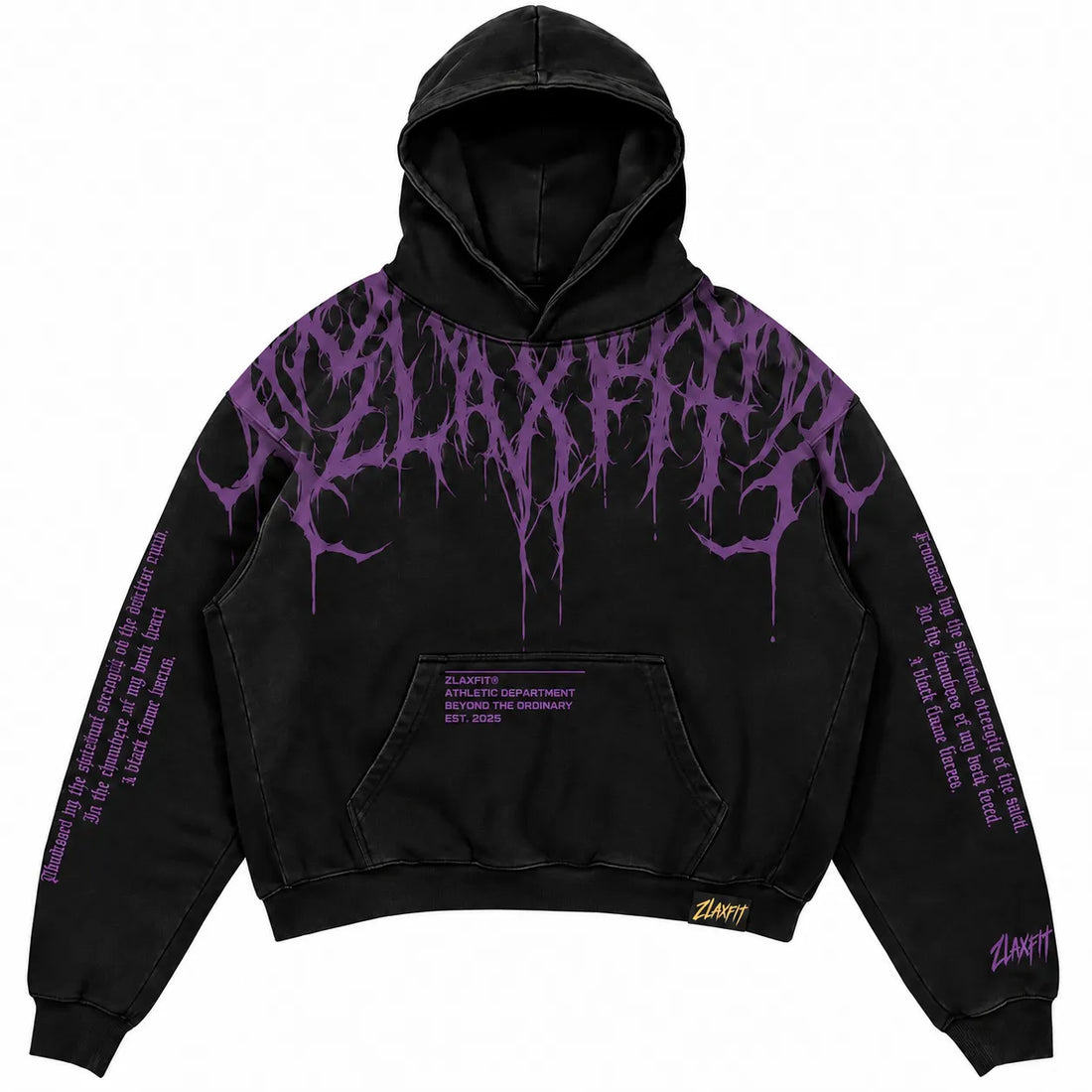 Purple chest graphic on the black Darkborn hoodie