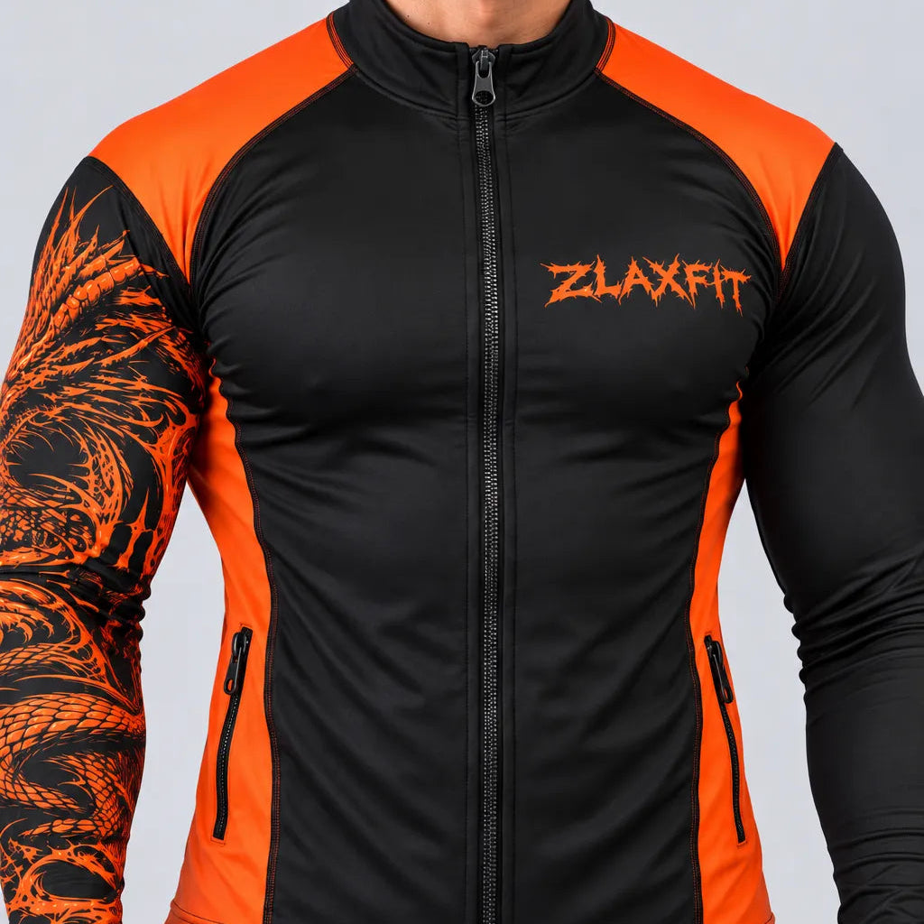 Black athletic zip jacket with contrasting orange panels