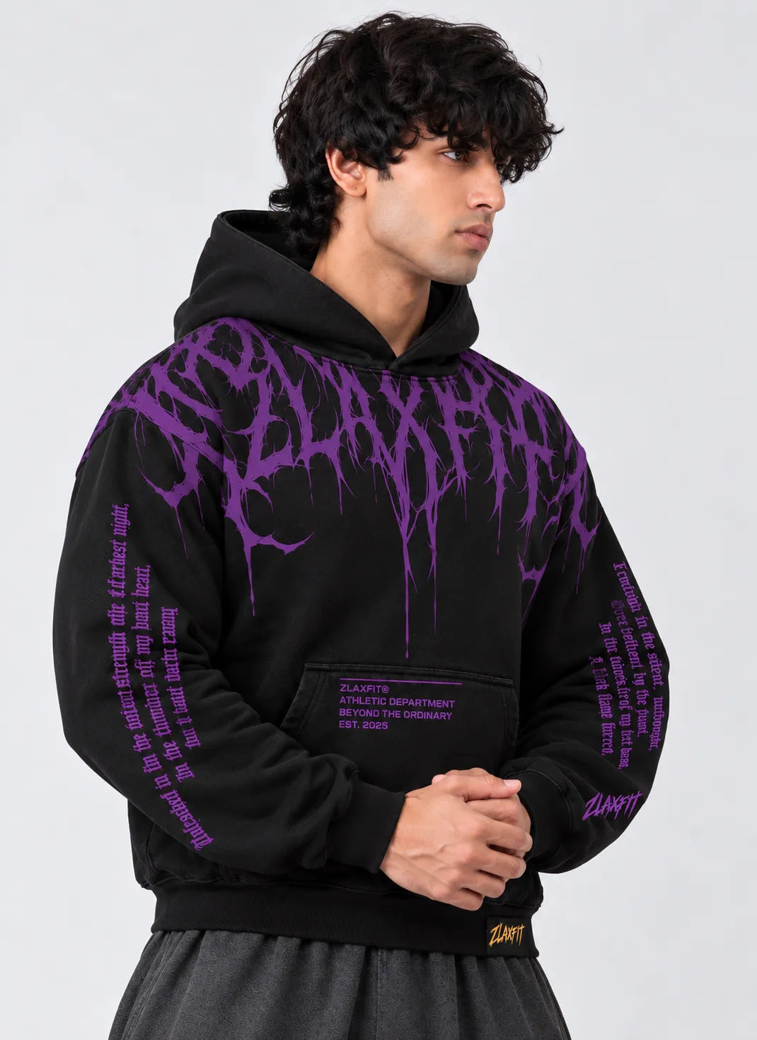  and purple graphic hoodie for men with striking front artwork