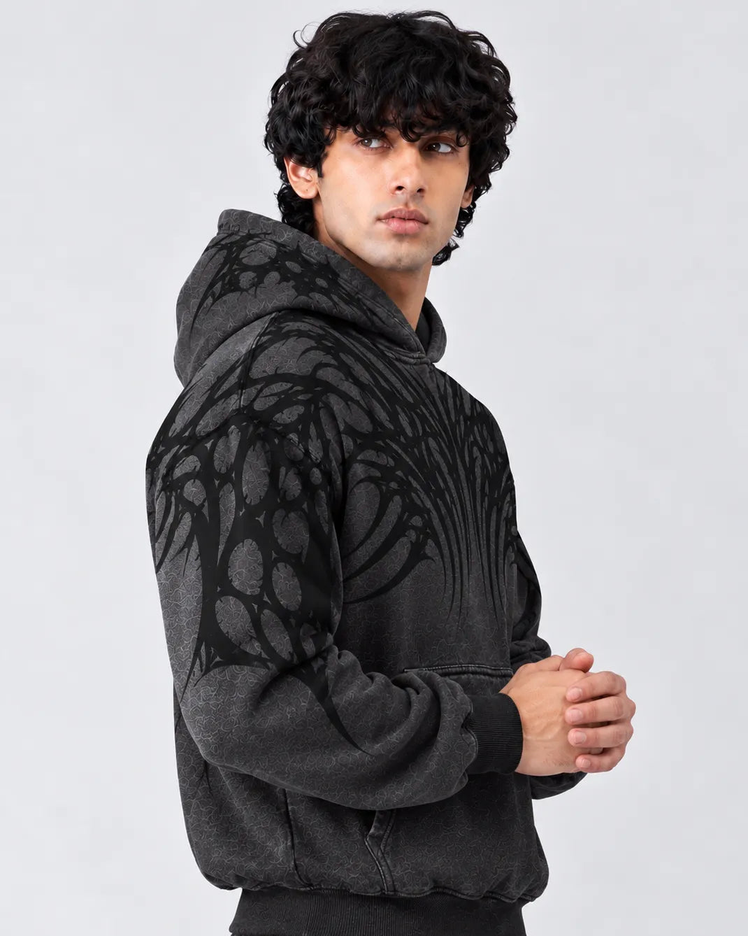 Charcoal grey graphic hoodie for men with bold black artwork
