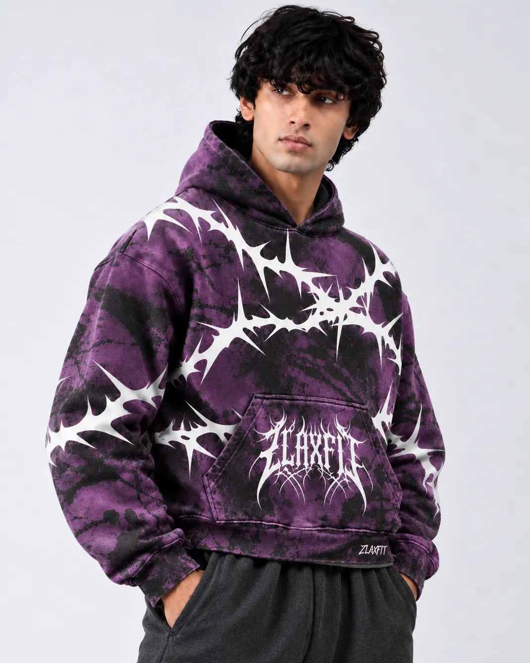Front view of the Dark Divinity purple and black hoodie by Zlaxfit Copy ALT