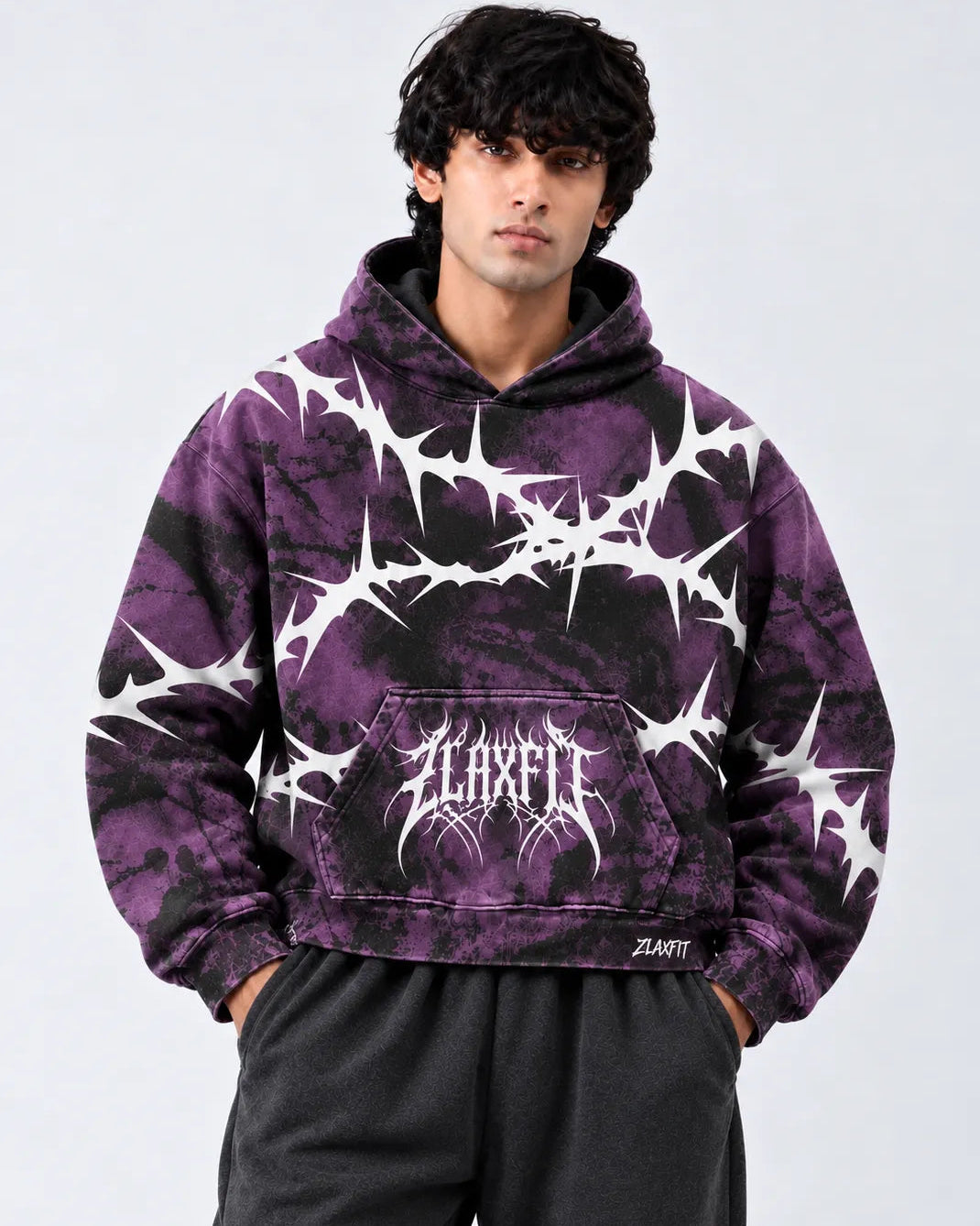 Zlaxfit Dark Divinity Hoodie in purple and black with bold white graphics
