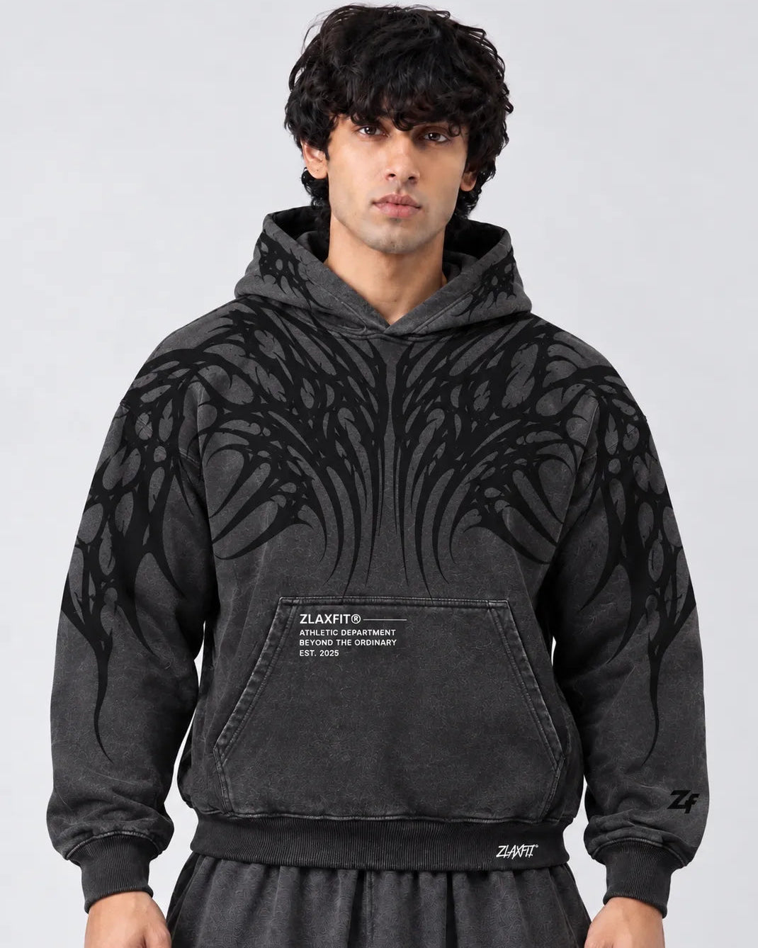 Zlaxfit Dark Monarch Hoodie in charcoal grey with black graphic patterns Copy ALT