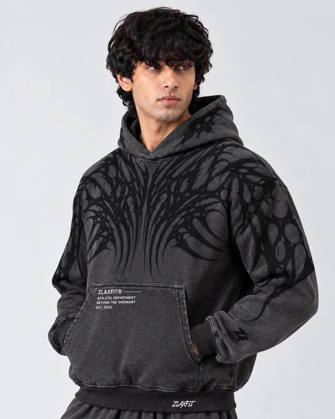 Front view of the Dark Monarch charcoal grey hoodie by Zlaxfit Copy ALT