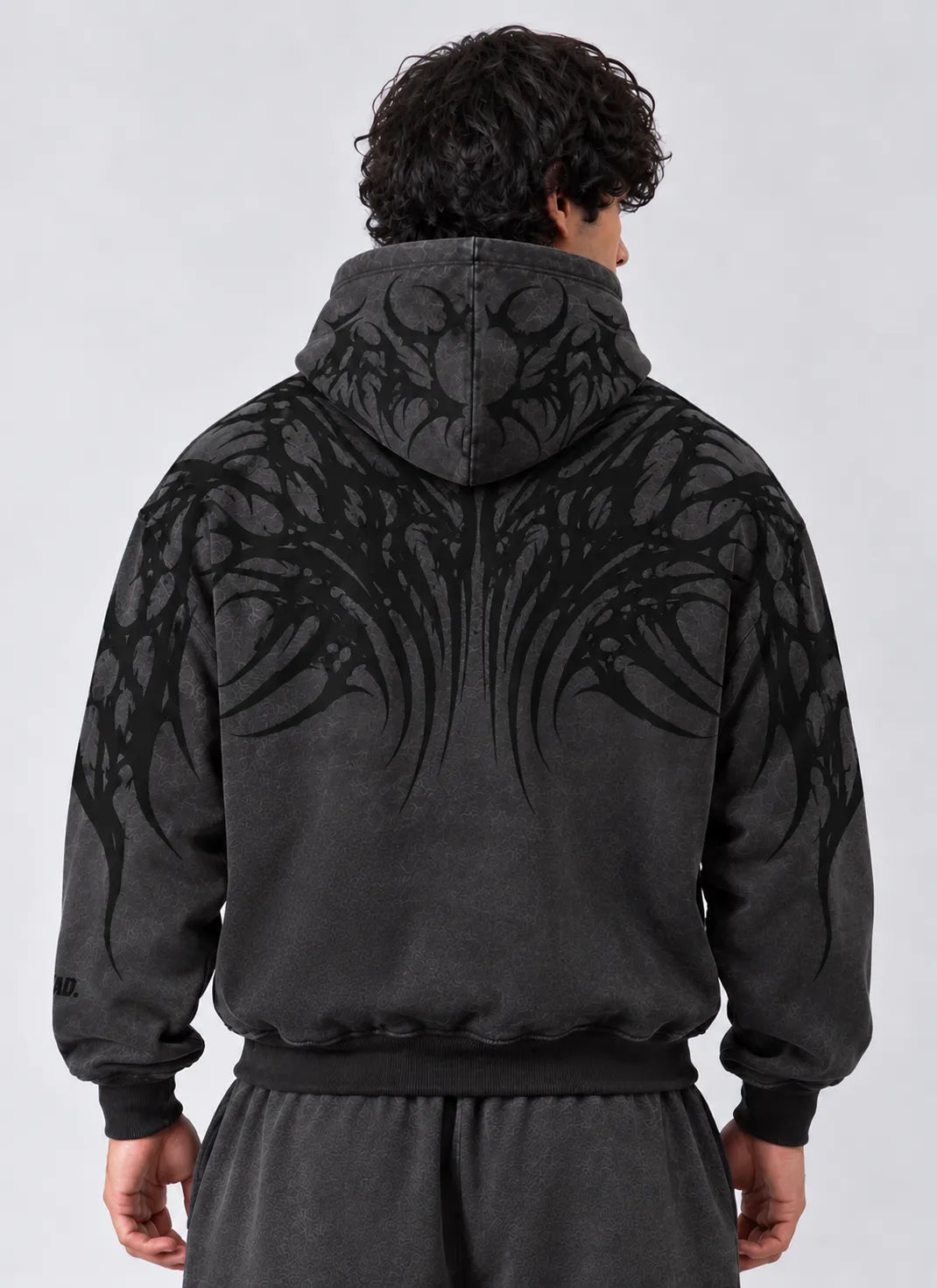 Dark Monarch hoodie featuring a charcoal washed finish and black graphics Copy ALT