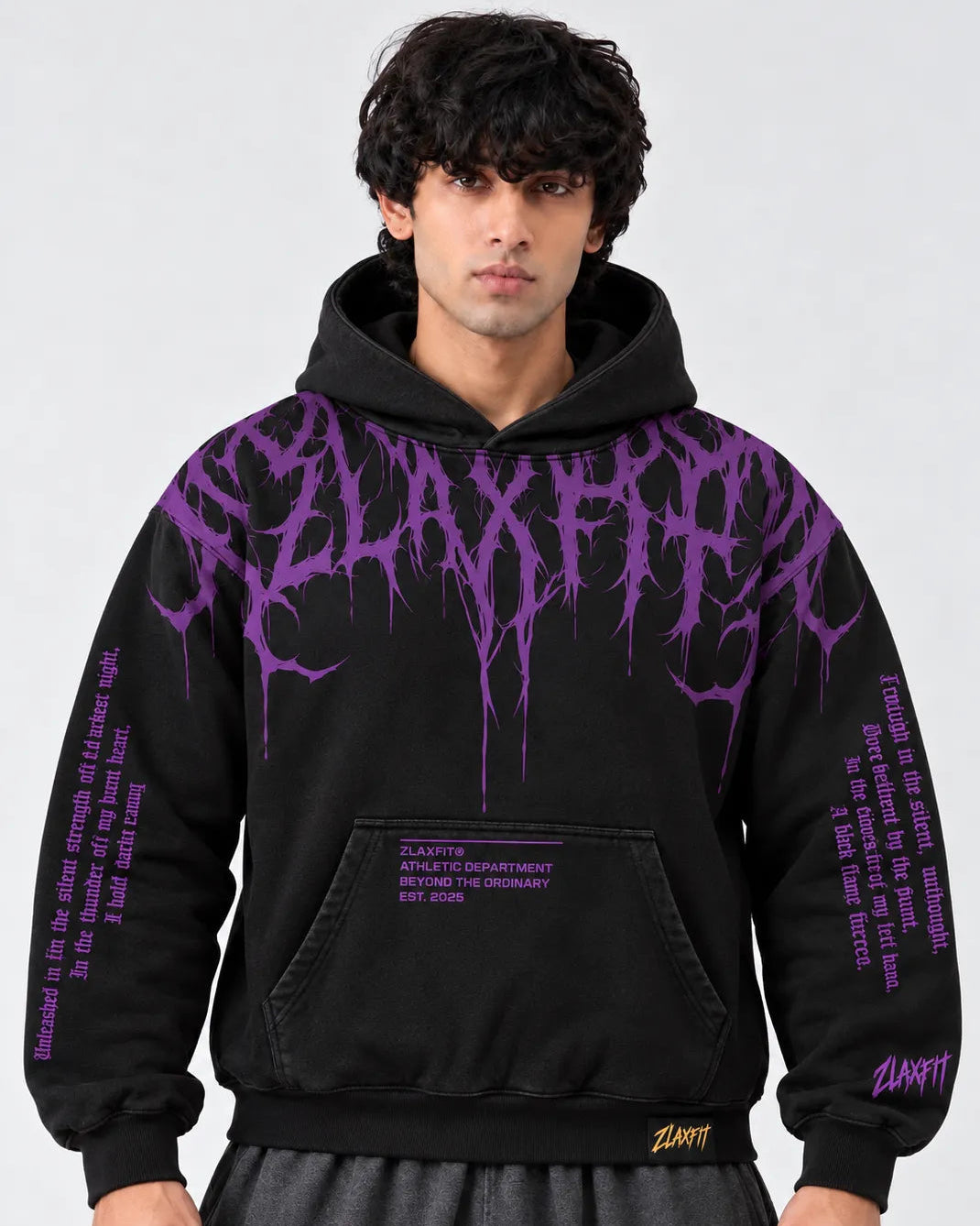 Zlaxfit Darkborn black hoodie with bold purple graphic print Copy ALT text