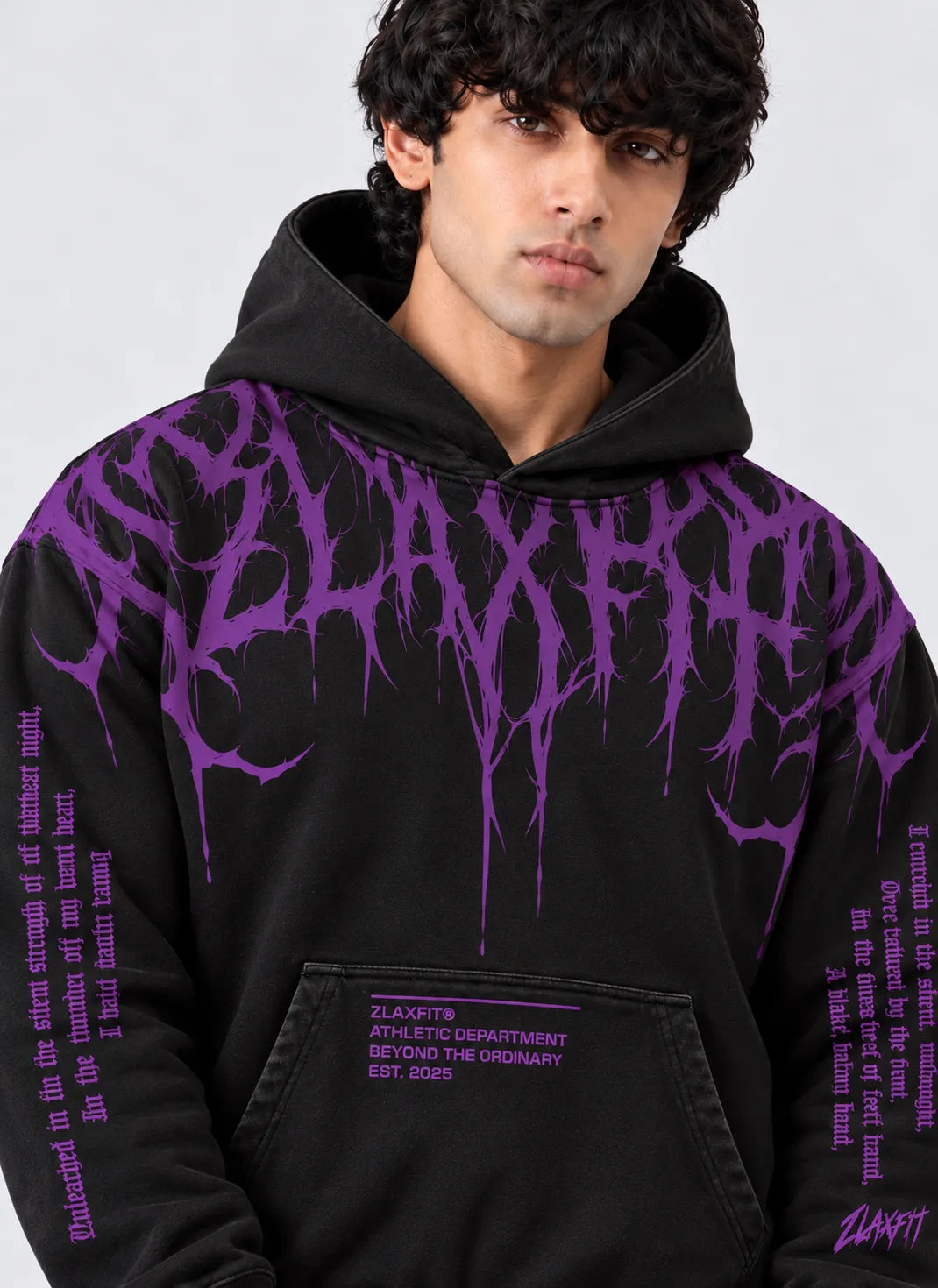 Front view of the Darkborn black hoodie with purple graphics by Zlaxfit