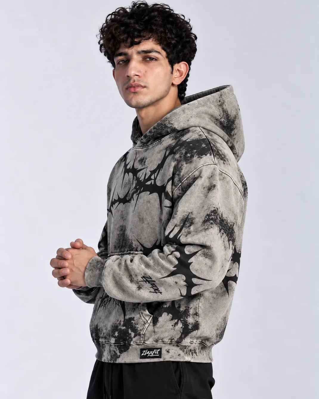 Front view of the Grimfang grey and black hoodie by Zlaxfit Copy ALT text