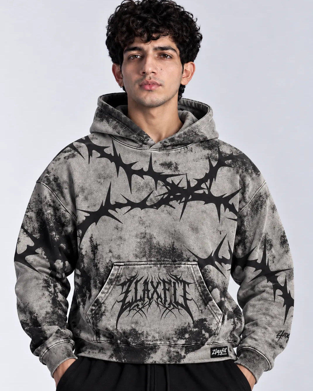 Zlaxfit Grimfang Hoodie in grey and black with a bold washed graphic print Copy ALT text