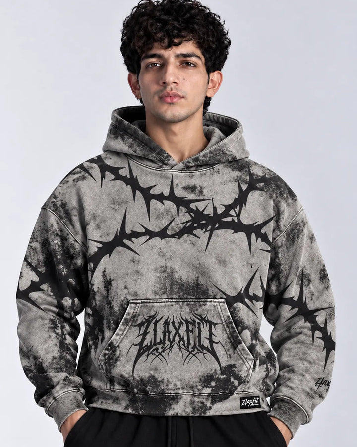 Zlaxfit Grimfang Hoodie in grey and black with a bold washed graphic print Copy ALT text