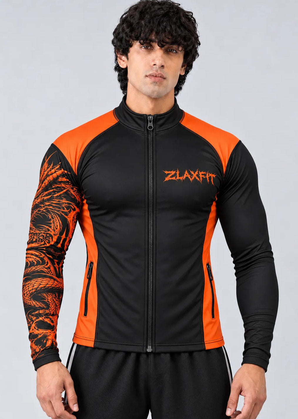 Kuro Divinity jacket featuring orange graphic sleeve detailing