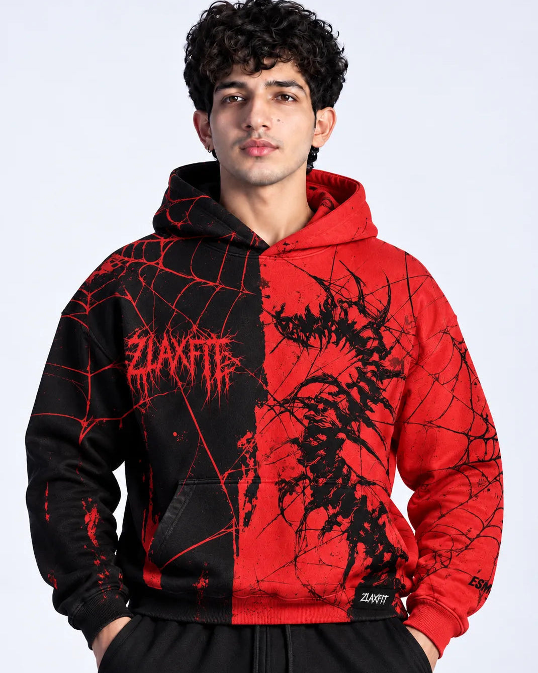 Front view of the Kuroven graphic hoodie with red and black panels Copy ALT text
