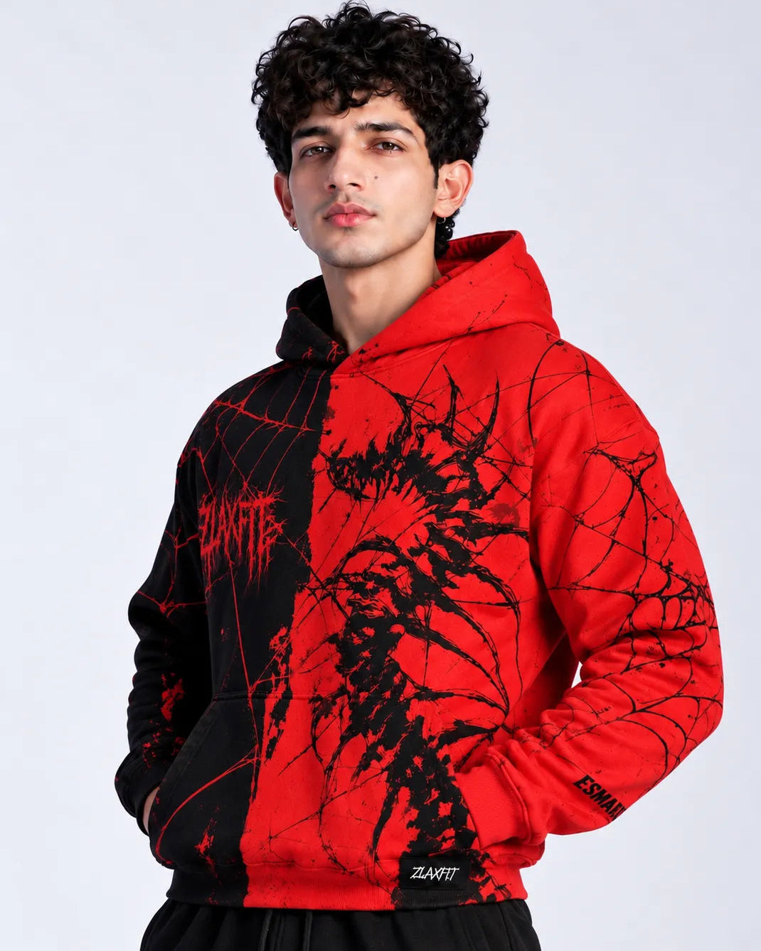 Kuroven Spider Hoodie in red and black with spider-web graphics by Zlaxfit