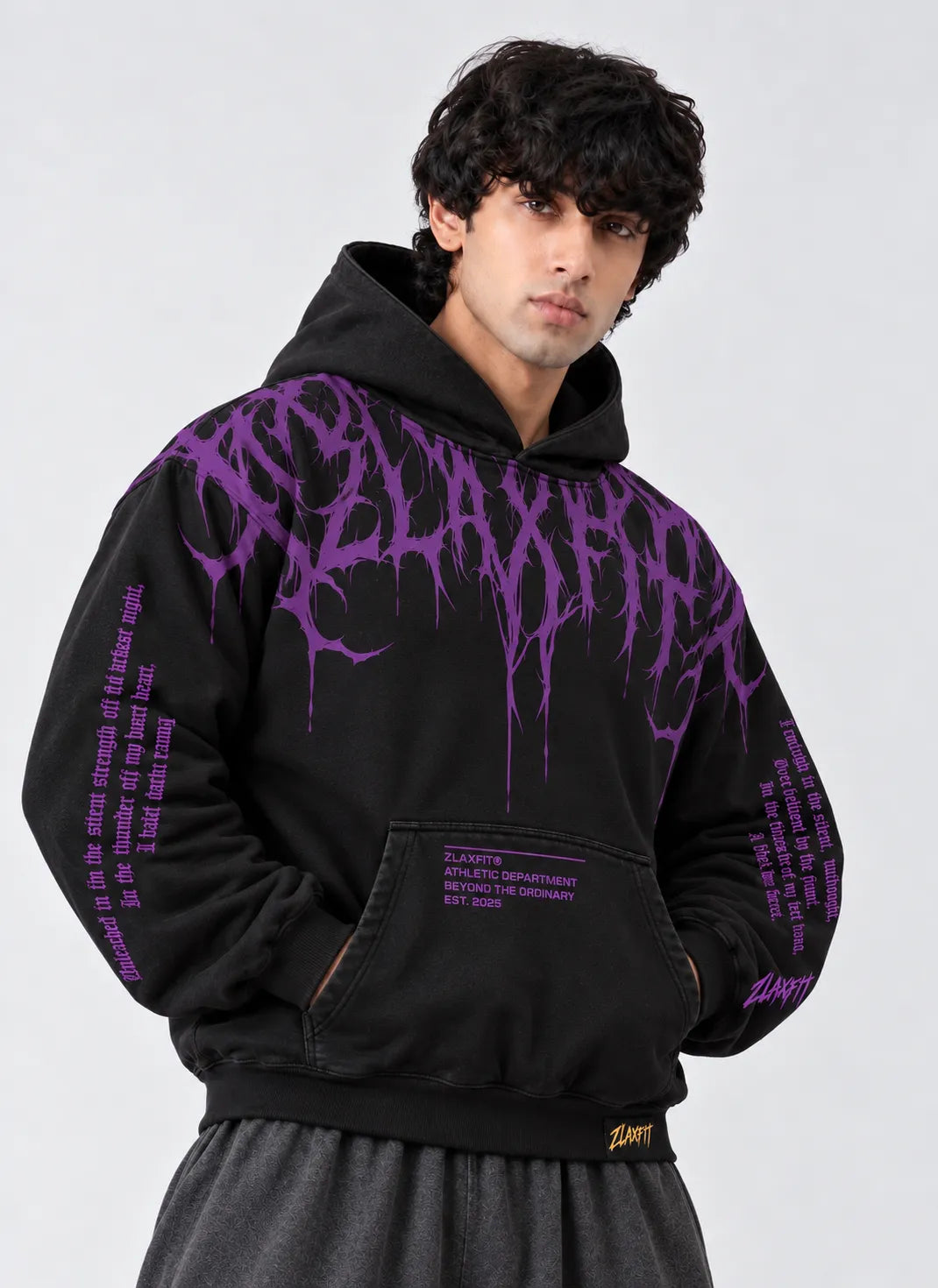 Men's black streetwear hoodie featuring purple abstract graphics