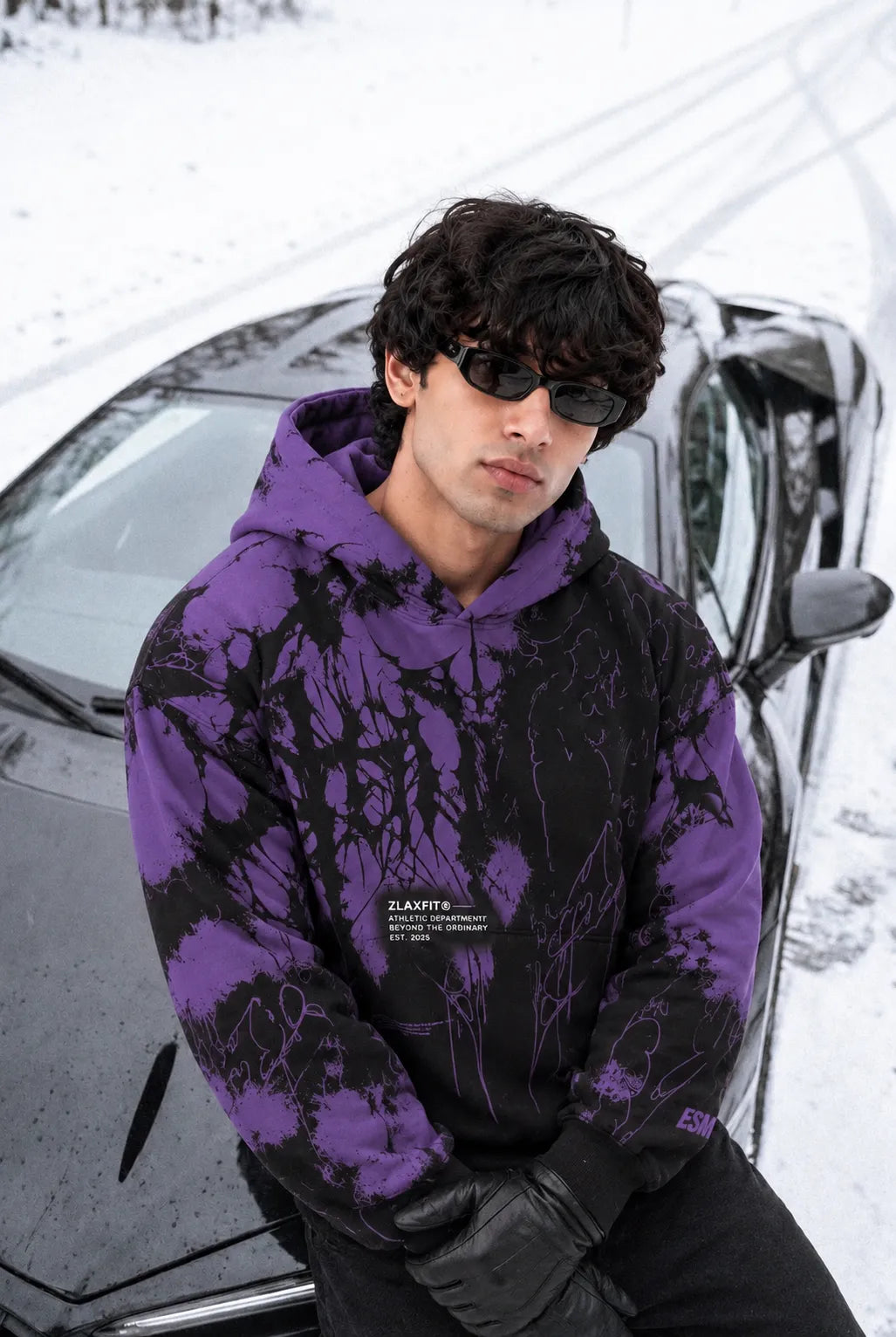 Men's graphic hoodie with a bold purple and black color combination