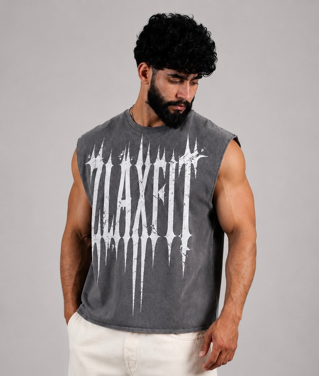 Grey cropped gym tank top for men breathable fitness clothing by Zlaxfit