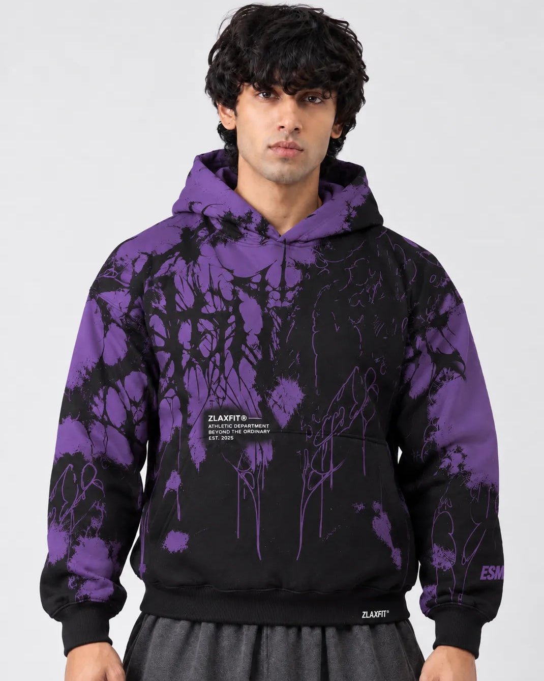 Men's streetwear hoodie with purple and black abstract artwork Copy ALT