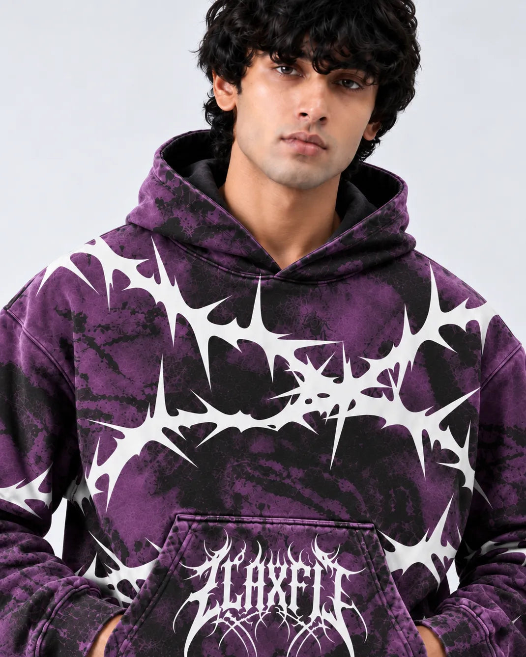 Men's purple streetwear hoodie featuring bold black and white graphics