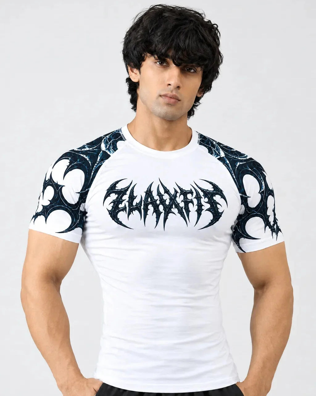 Men's white gym compression shirt by ZlaxFit