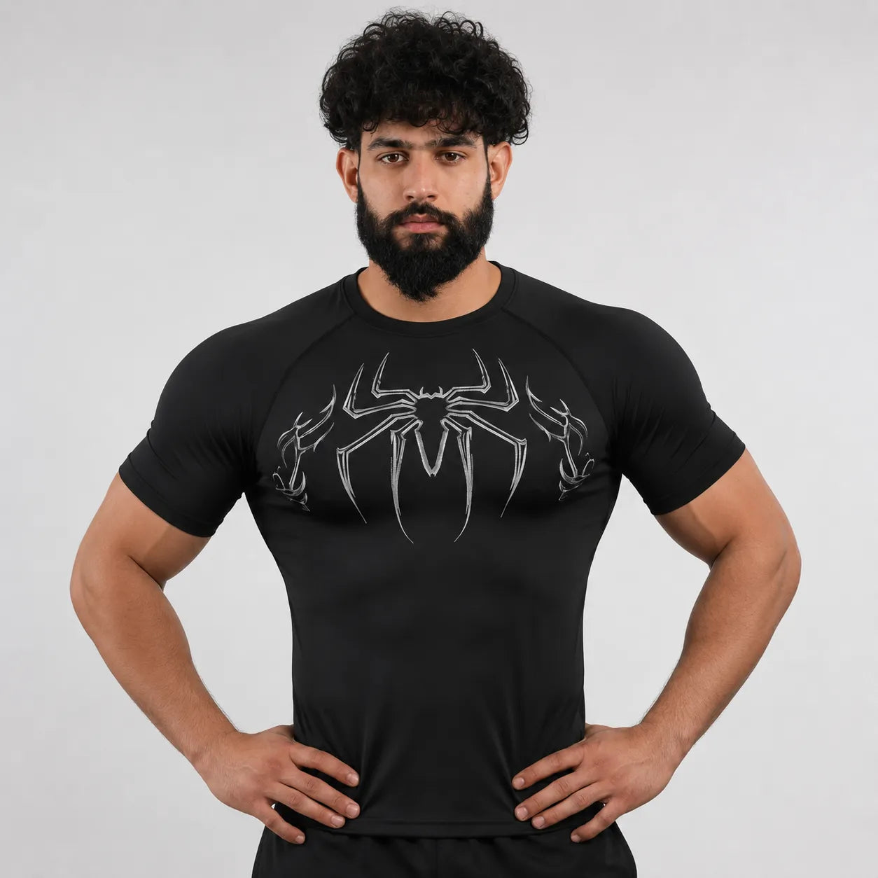 Gym compression shirt with spider inspired design