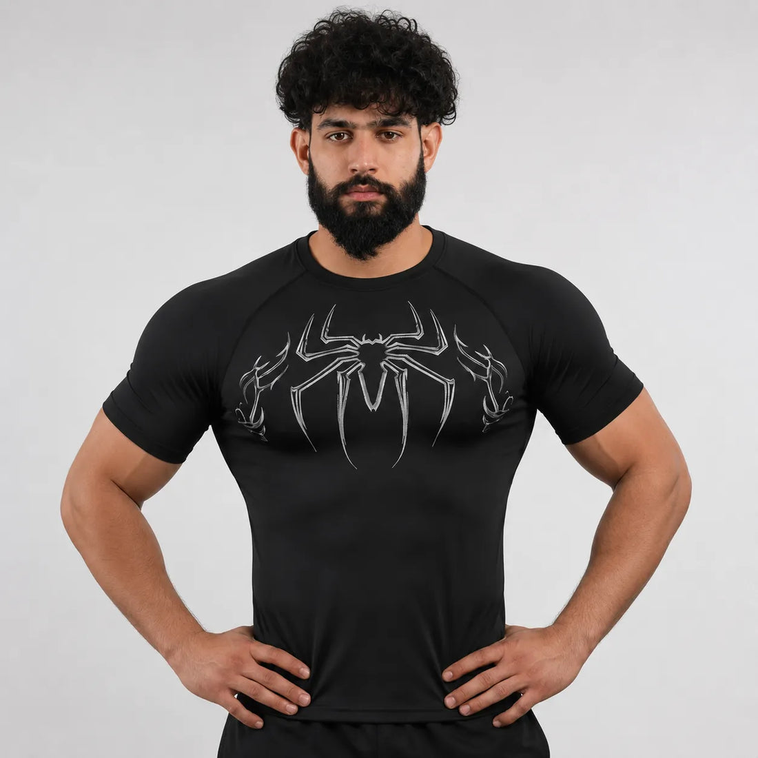 Gym compression shirt with spider inspired design