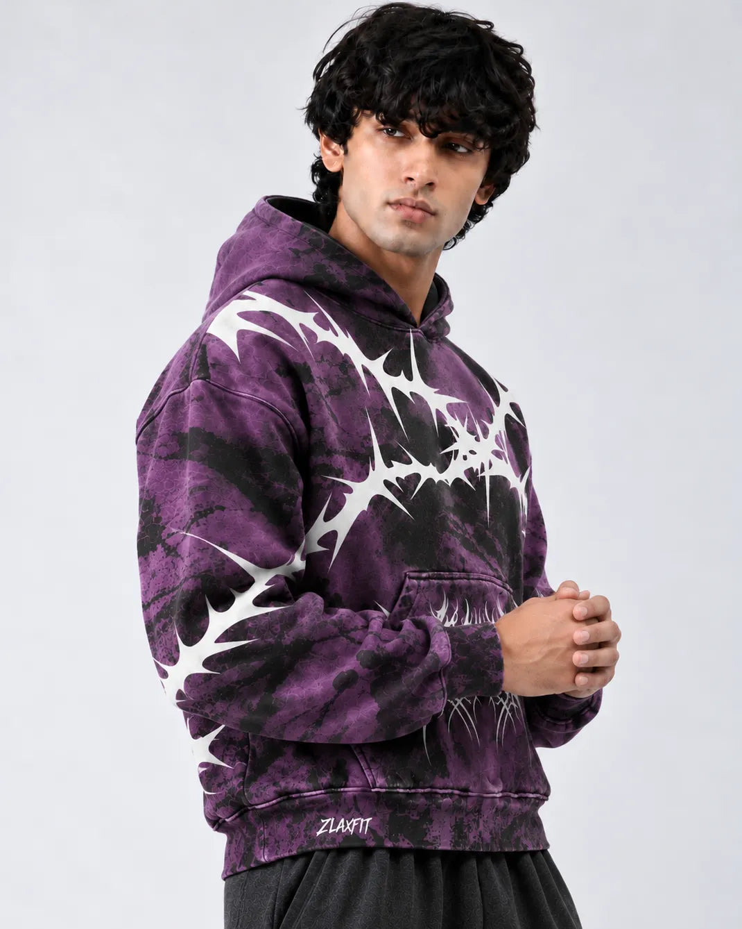 Purple and black graphic hoodie for men with striking white artwork