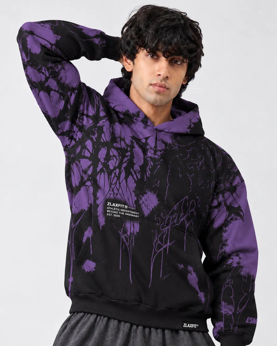 Purple and black hoodie for men featuring bold abstract graphics