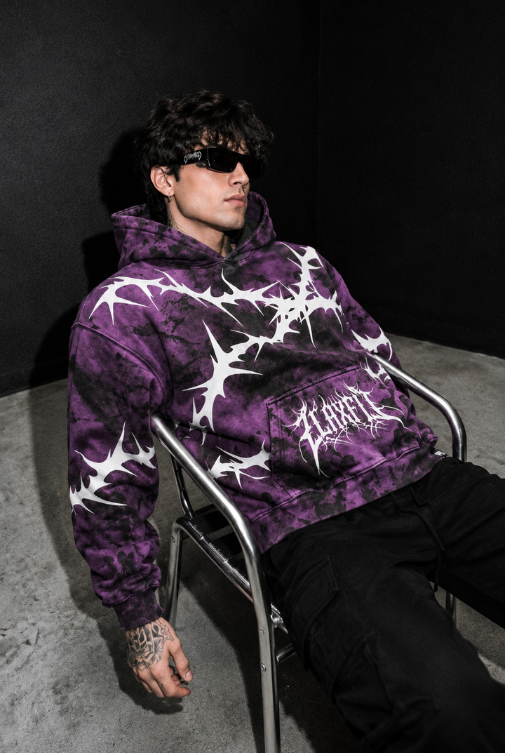 White chest graphic on the purple and black Dark Divinity Hoodie Copy ALT