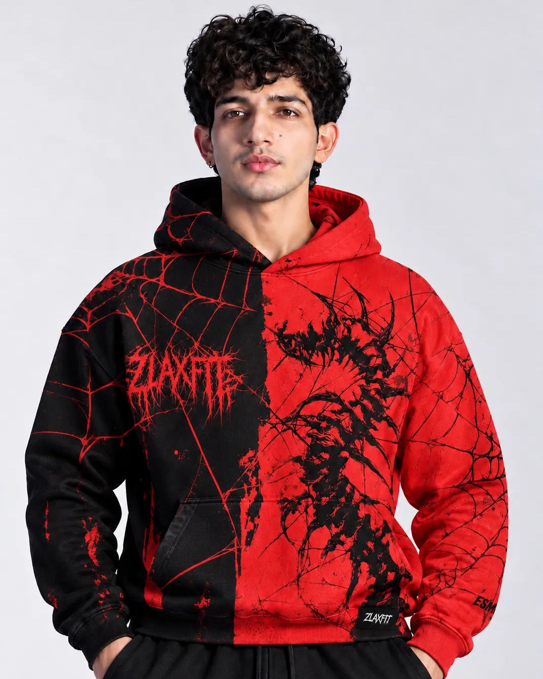 Close-up of the red and black graphic details on the Kuroven Spider Hoodie