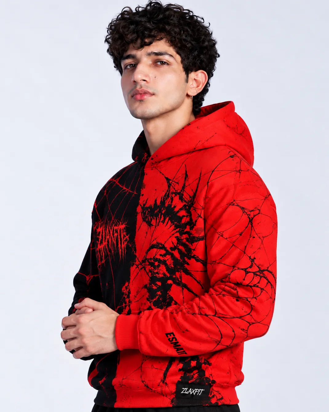 Red and black spider hoodie for men featuring bold graphic artwork