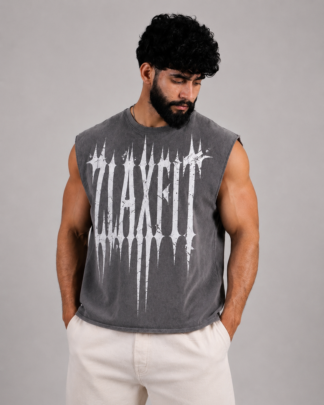 Premium sleeveless gym shirt for men in Pakistan acid wash cropped fit