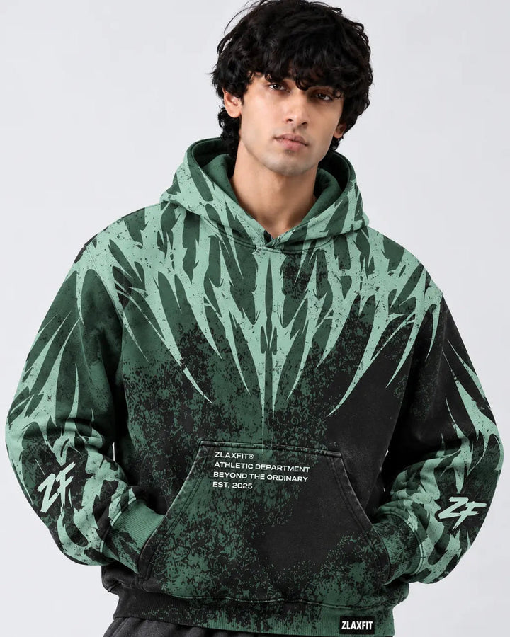Zlaxfit Toxic Reign Hoodie in green and black with bold abstract graphic print