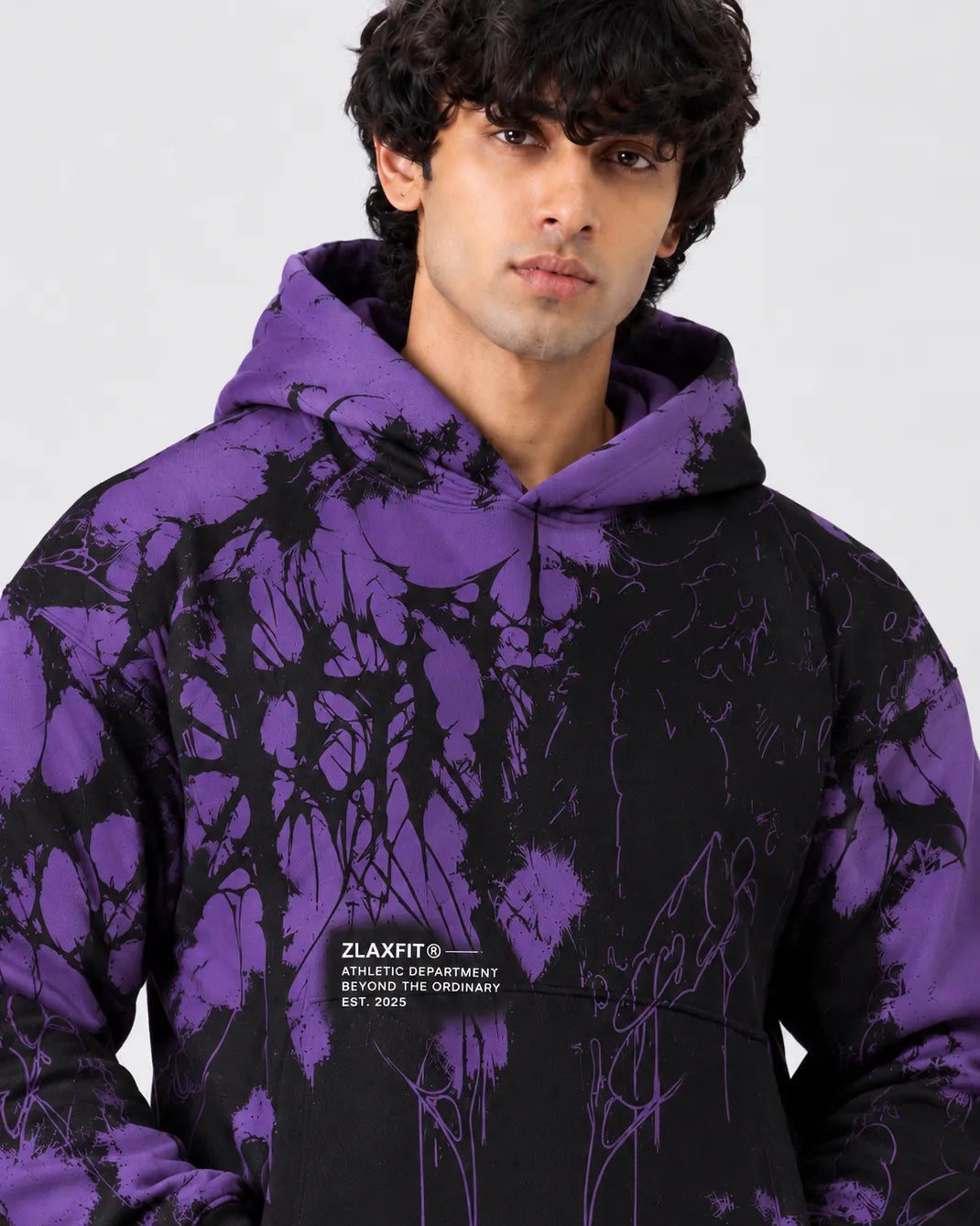 Front view of the Zlaxfit Voidborn graphic hoodie in purple and black Copy ALT