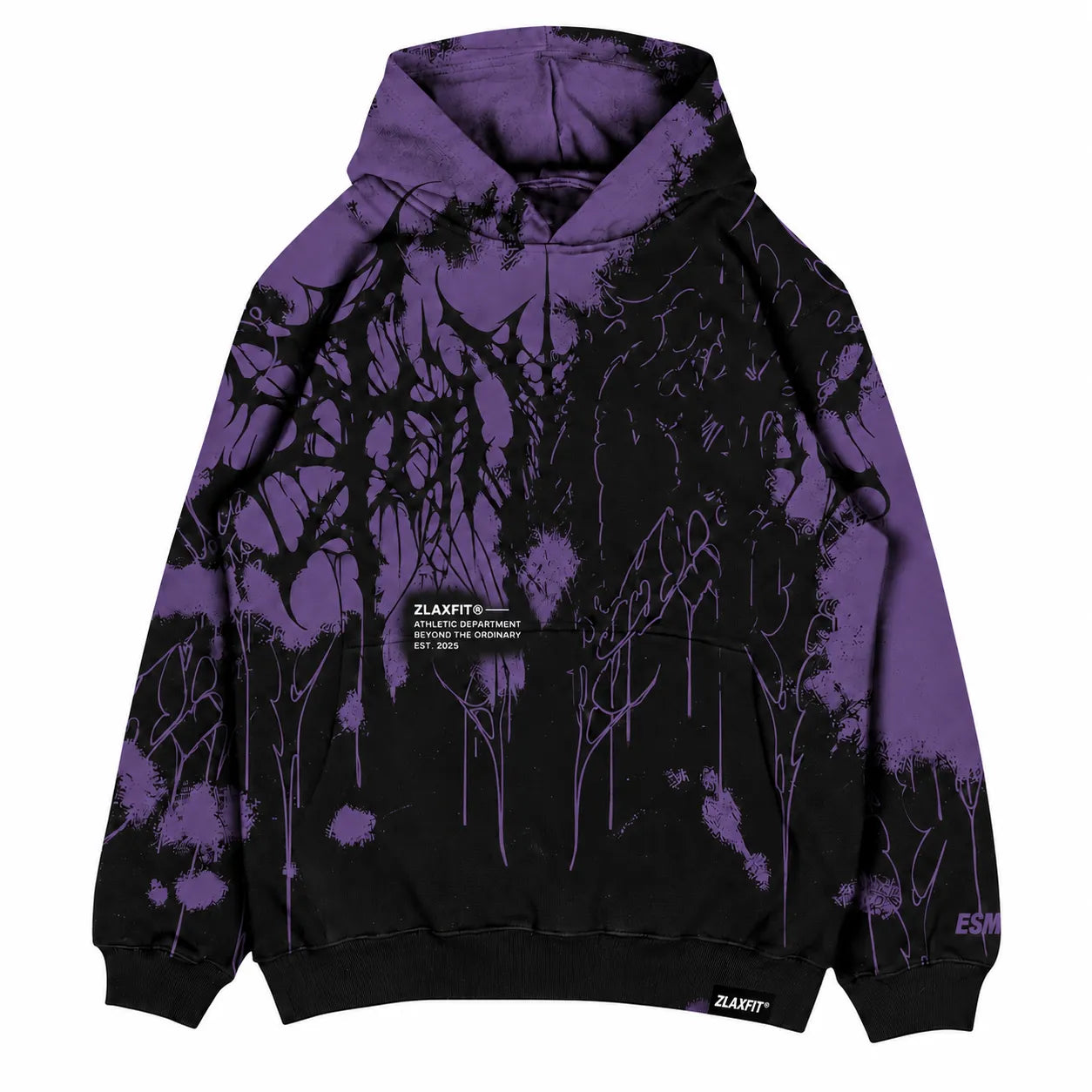 Chest print detail on the Zlaxfit Voidborn purple and black hoodie Copy ALT