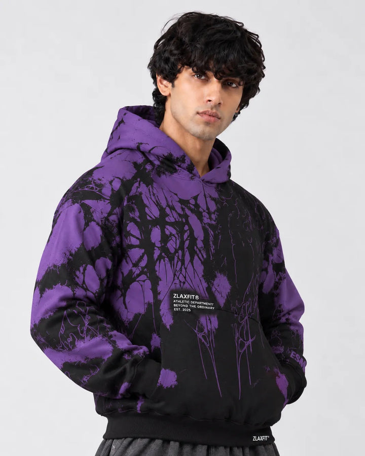 Zlaxfit Voidborn Hoodie in purple and black with abstract graphic print