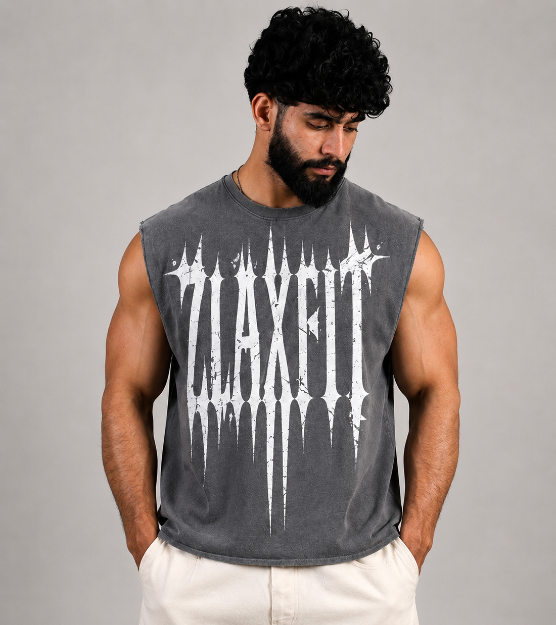 Acid Wash Cropped Tank Grey for men by Zlaxfit premium gym wear in Pakistan