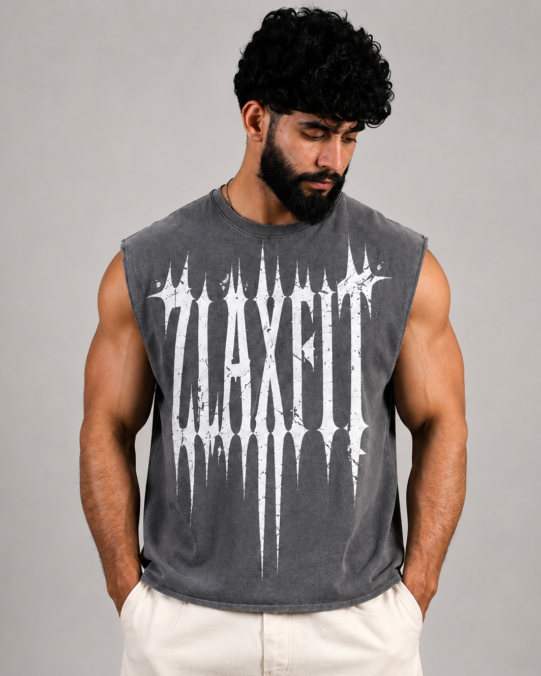 Acid Wash Cropped Tank Grey for men by Zlaxfit premium gym wear in Pakistan