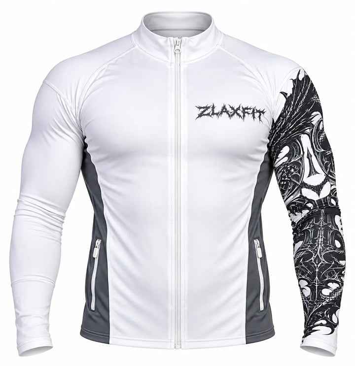 ZlaxFit white workout jacket with a full front zipper